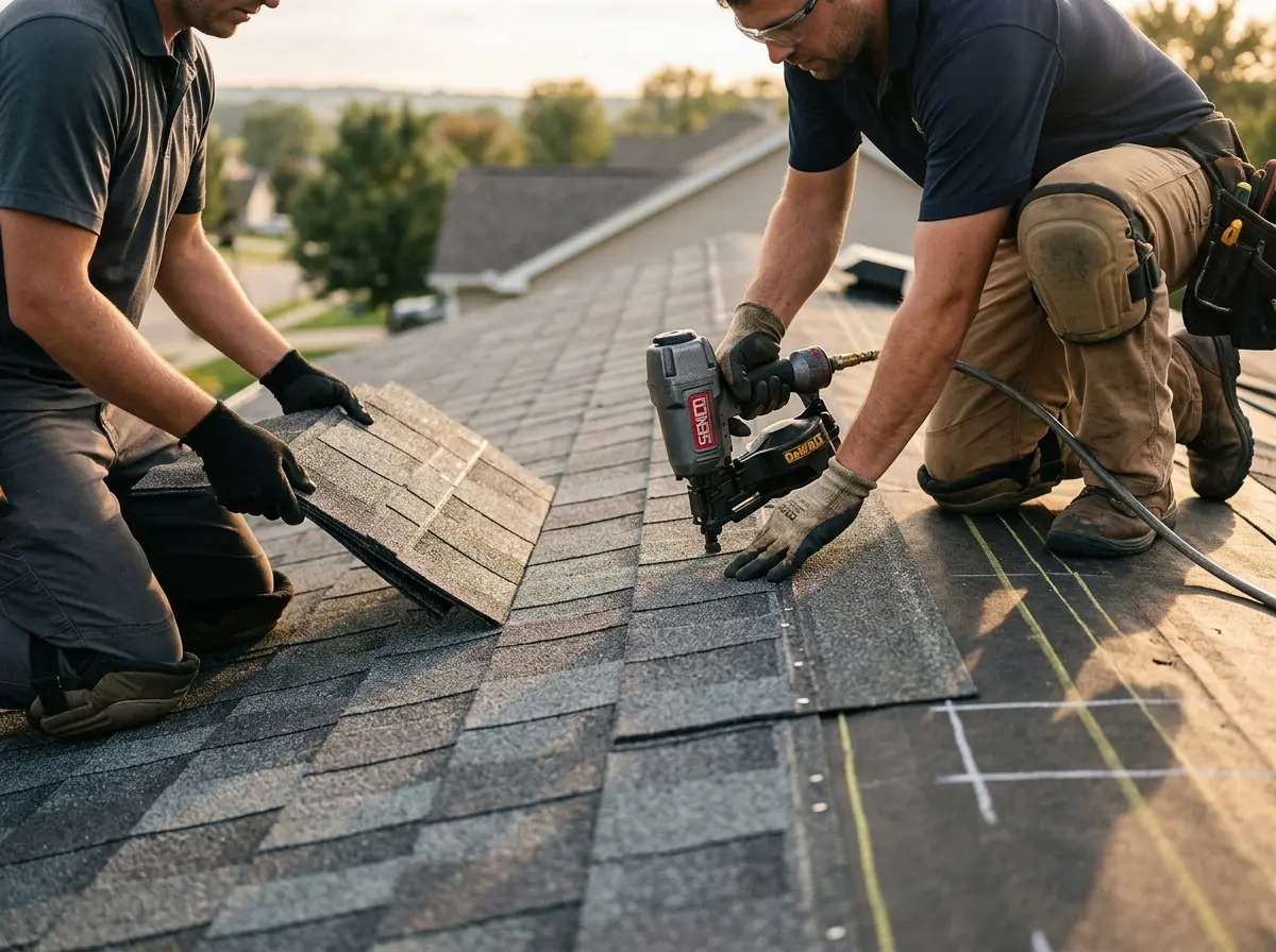 Professional roofer working on a residential roof in Madison